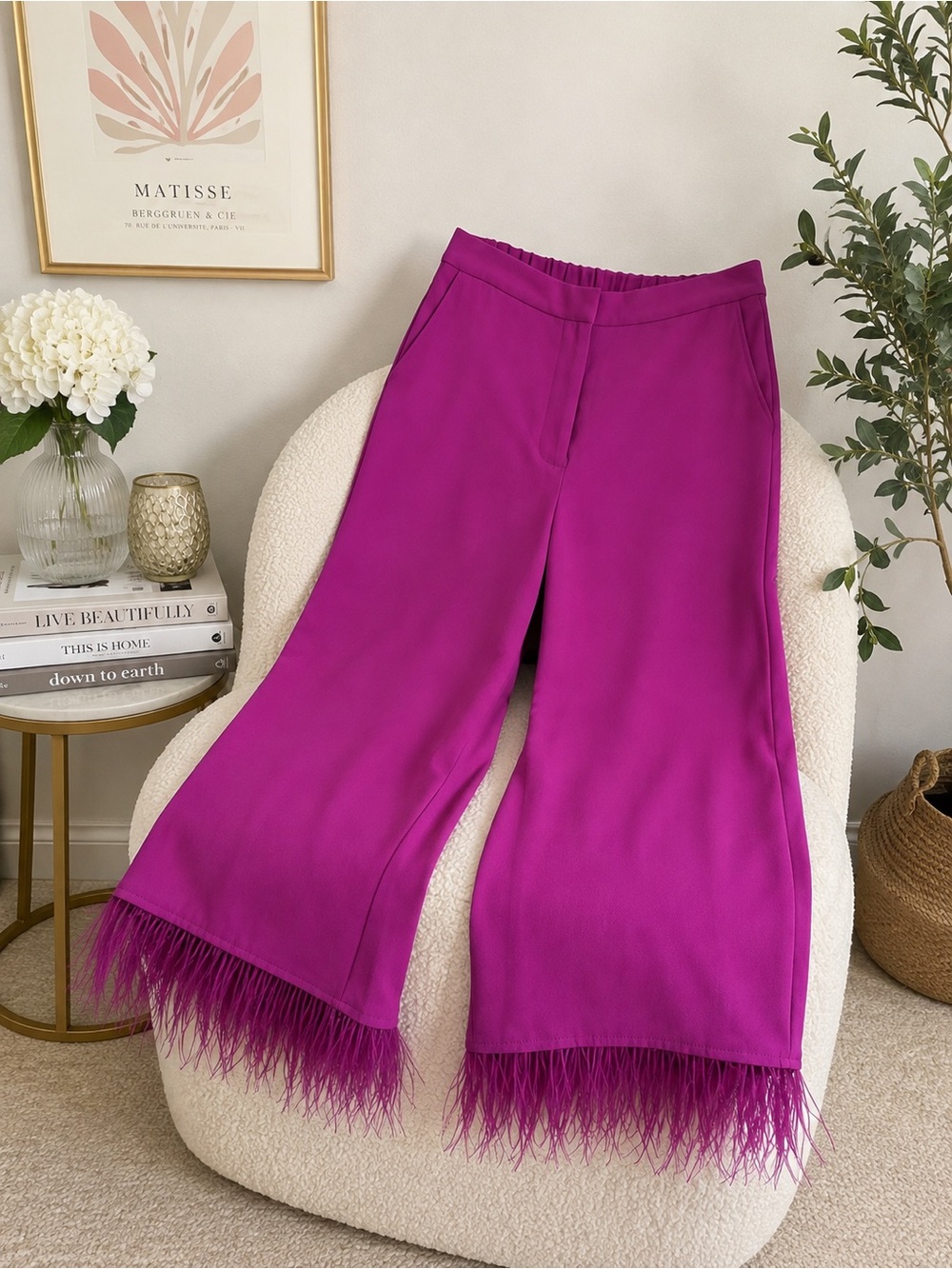 WAYF Fuchsia Feather Trim Cropped Wide-Leg Pants